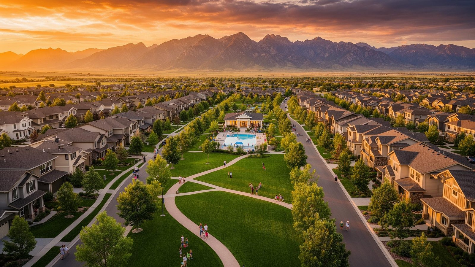 Aerial view of a master-planned community in Northern Colorado with the Front Range in the distance